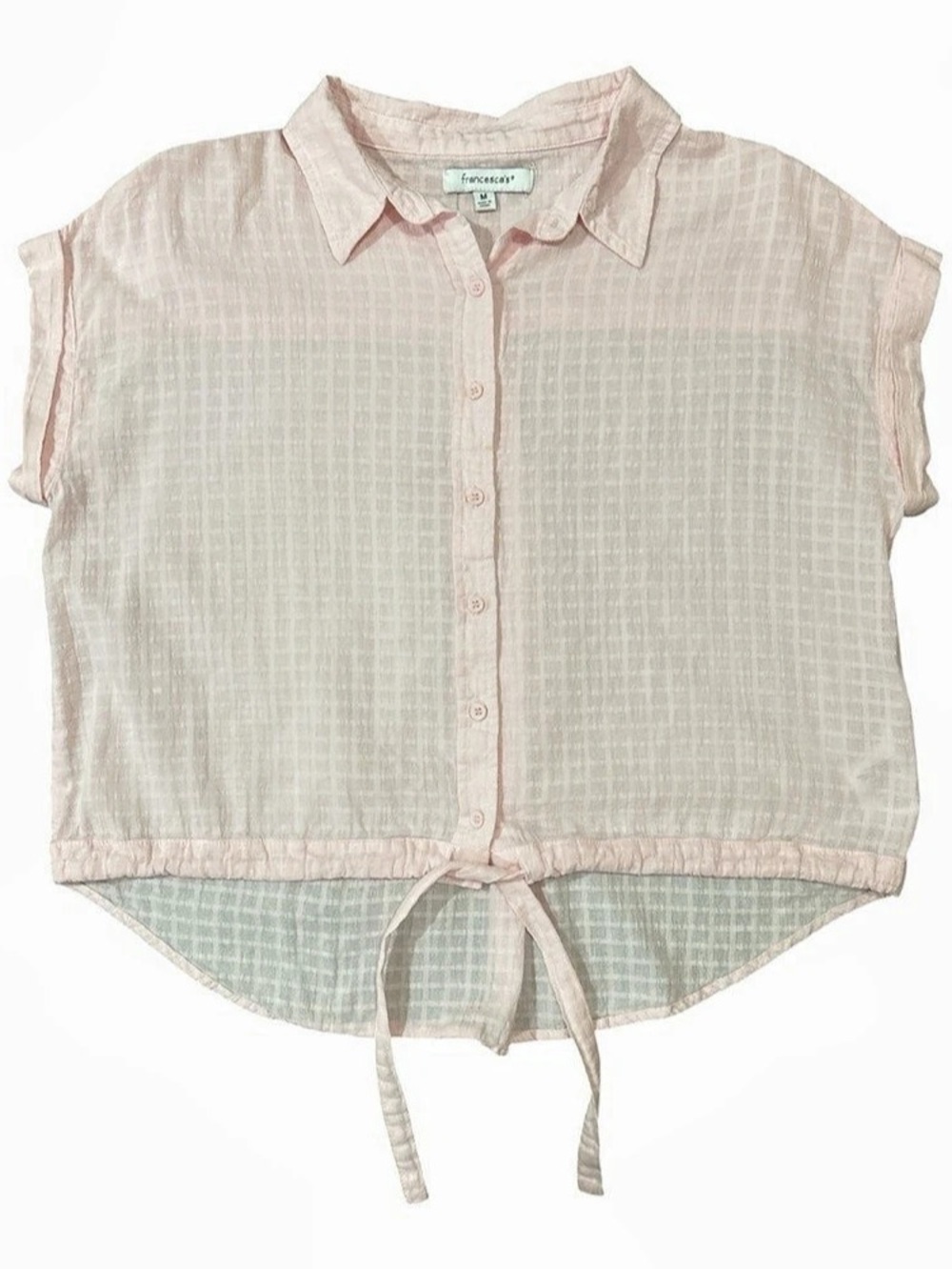 Francesca’s light Pink Tie-Hem Button Down checkered Top Sz M 100% cotton